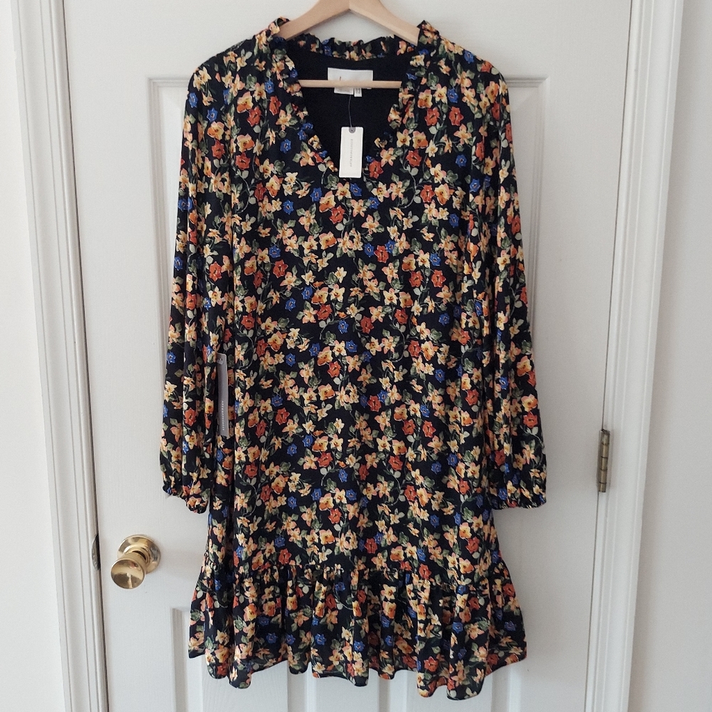 NWT Anthropologie Black Floral Ruffled V Neck Allie Tunic Dress Size 6